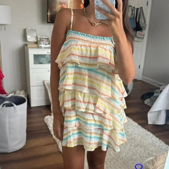 Lovers and Friends Frills Multicolor Mini Spaghetti Strap Rainbow Dress Small. - Picture 5 of 15
